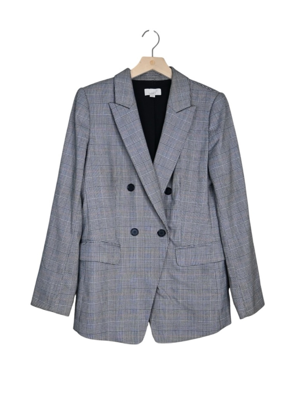 LOFT Women's 8 Double-Breasted Plaid Lined Blazer in Black White